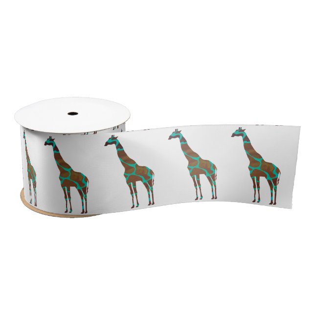 Giraffe Brown and Teal Silhouette Satin Ribbon (Spool)