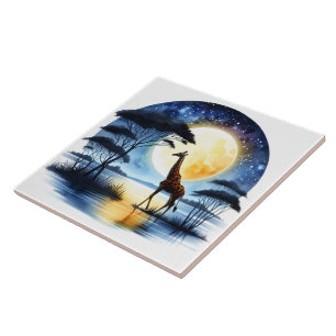 Giraffe by a Moonlit Lake Under a Starry Sky Ceramic Tile
