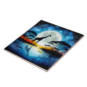 Giraffe by a Moonlit Lake Under a Starry Sky Ceramic Tile