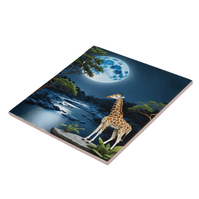 Giraffe By Moonlit River Under Starlit Sky Ceramic Tile (Side)