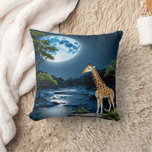 Giraffe By Moonlit River Under Starlit Sky Cushion