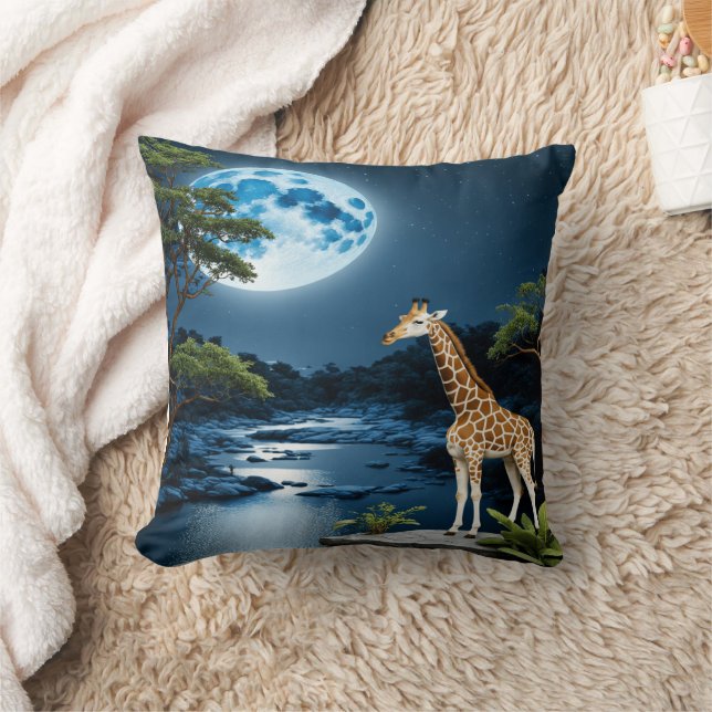 Giraffe By Moonlit River Under Starlit Sky Cushion (Blanket)