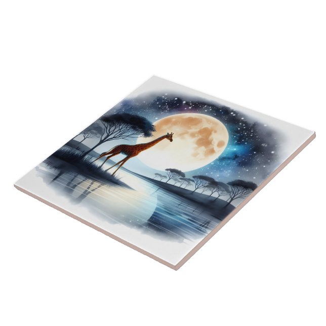 Giraffe by Serene Lake Under Full Moonlight Ceramic Tile (Side)