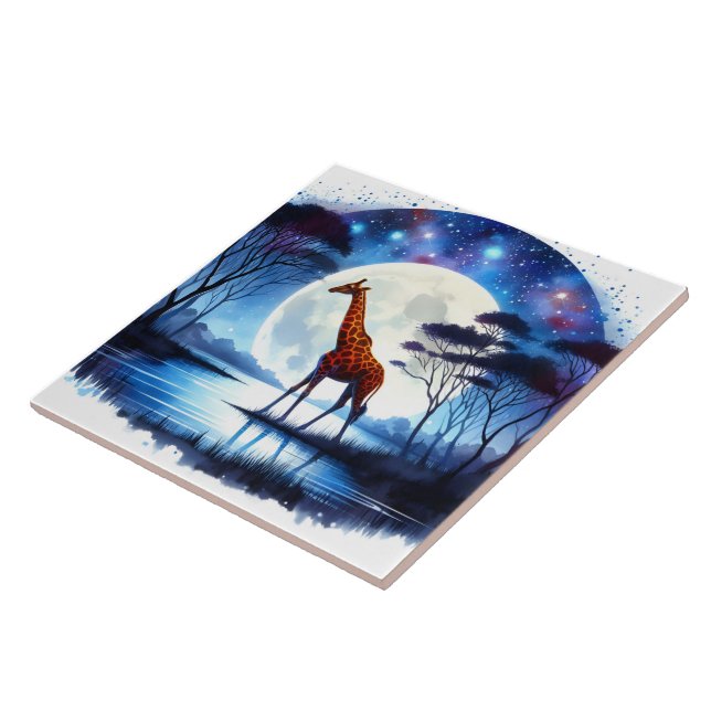 Giraffe by the Lake Under a Full Moon at Night Ceramic Tile (Side)