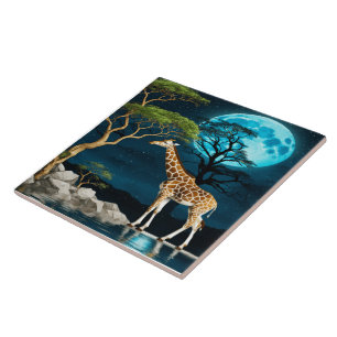 Giraffe by the Lake Under a Full Moon Night Ceramic Tile