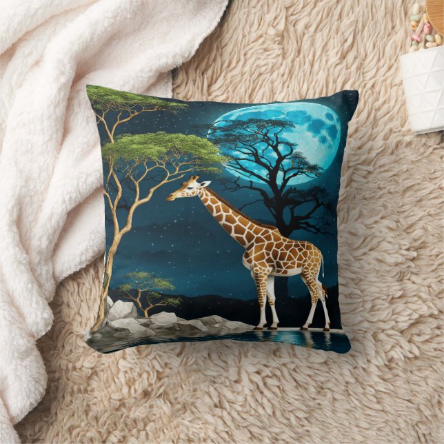 Giraffe by the Lake Under a Full Moon Night Cushion (Blanket)