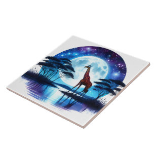 Giraffe by the Serene Lake Under a Full Moon Ceramic Tile