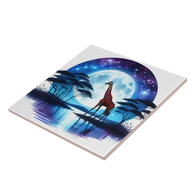 Giraffe by the Serene Lake Under a Full Moon Ceramic Tile (Side)