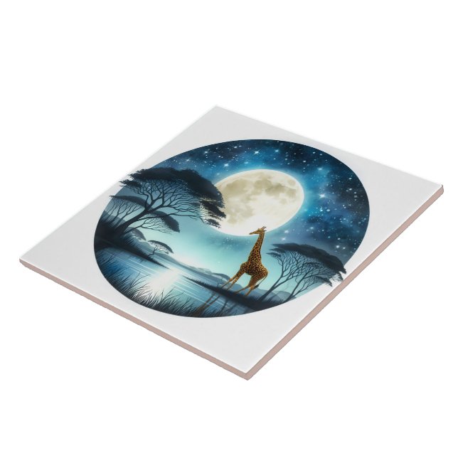 Giraffe by the Serene Moonlit Lake at Night Ceramic Tile (Side)