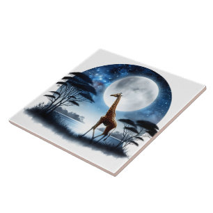 Giraffe by the Tranquil Lake Under a Full Moon Ceramic Tile