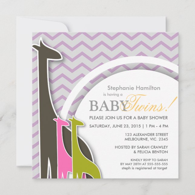 Giraffe chevron baby twins shower invites (Front)