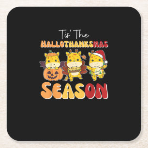 Giraffe Christmas Halloween Tis The Hallothanksmas Square Paper Coaster