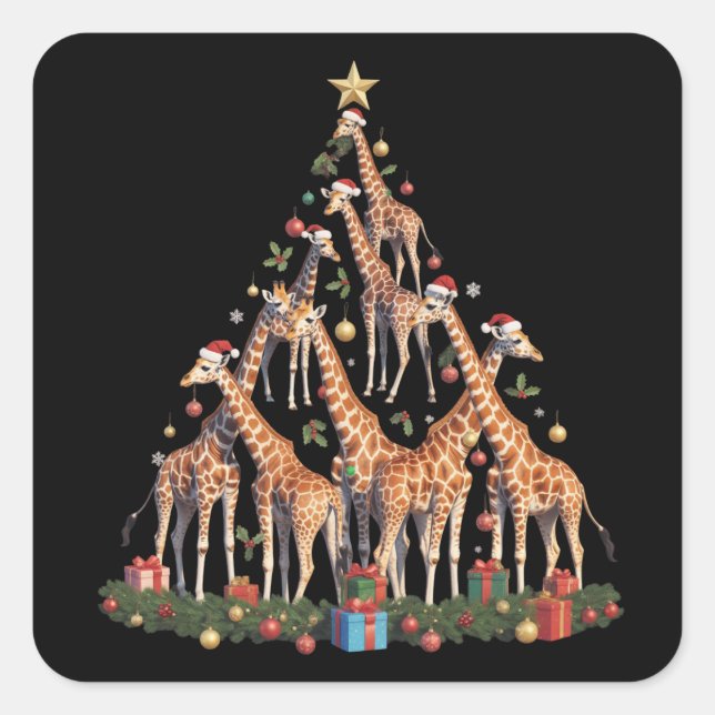 Giraffe Christmas Tree Santa African Wildlife Farm Square Sticker (Front)