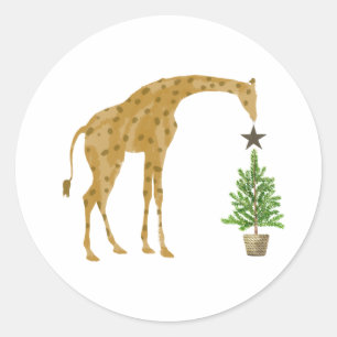 Giraffe Christmas Tree Star Classic Round Sticker