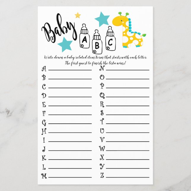 GIRAFFE COLORFUL  ABC BABY SHOWER GAME CARD (Front)