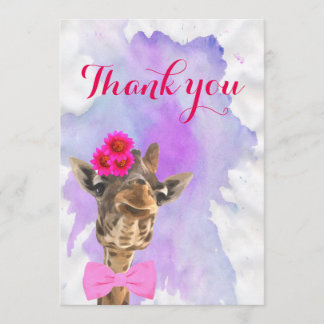 Giraffe cute jungle animal watercolor thank you card