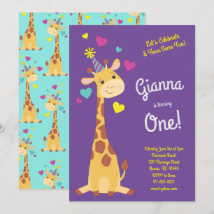 Giraffe Cute Kids 1st Birthday Party Girls Invitation