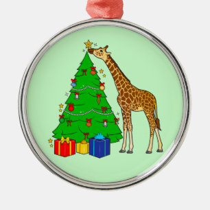 Giraffe Decorating Christmas Tree with Star Metal Ornament