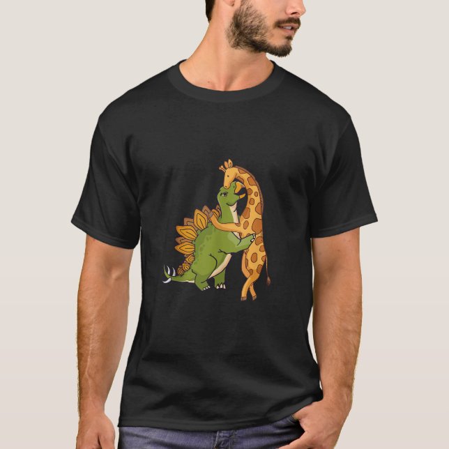 Giraffe Dinosaur Hug Love Dino Animals Safari Hall T-Shirt (Front)