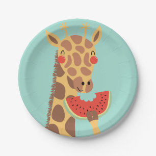 Giraffe Eating Watermelon Party Paper Plate