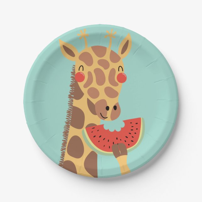 Giraffe Eating Watermelon Party Paper Plate (Front)