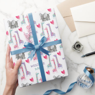 Giraffe Elephant and Heart Baby Shower Wrapping Paper