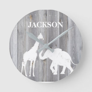 Giraffe & Elephant On Grey Wood Baby Room Clock