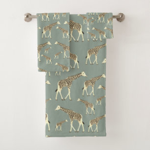 Giraffe Exotic Animal Pattern Sage Green  Bath Towel Set