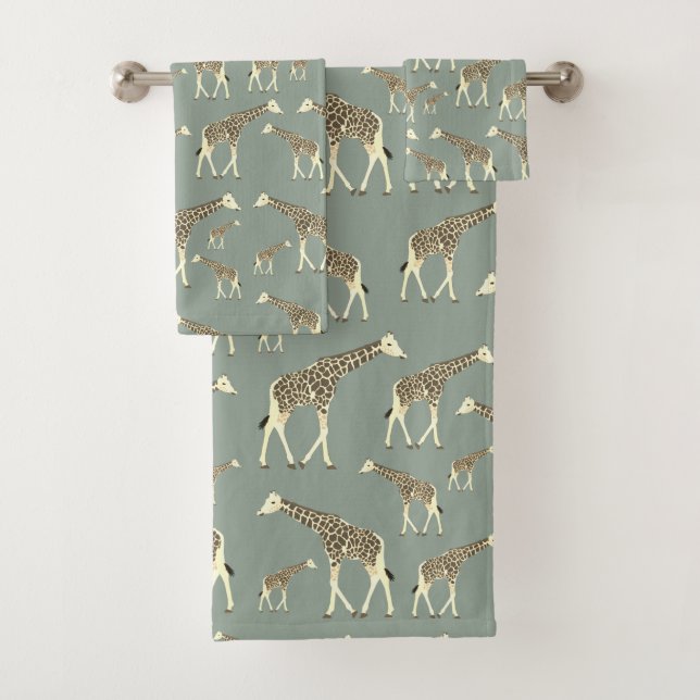 Giraffe Exotic Animal Pattern Sage Green  Bath Towel Set (Insitu)
