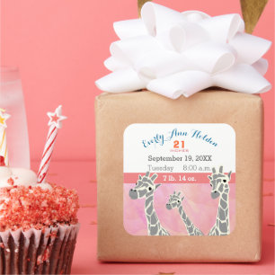 Giraffe Family Baby Girl Birth Record Birth Stats Square Sticker