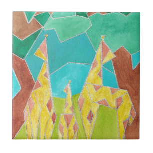 Giraffe Family Original Abstract Art Ceramic Tile