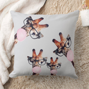 Giraffe Family Wearing Glasses Blowing Bubble gum Cushion