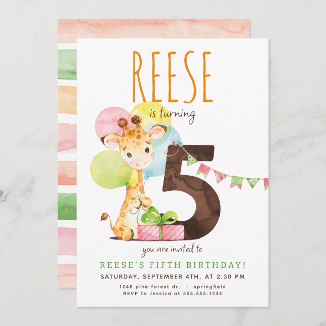 Giraffe Fifth Birthday Party Invitation (Front/Back)