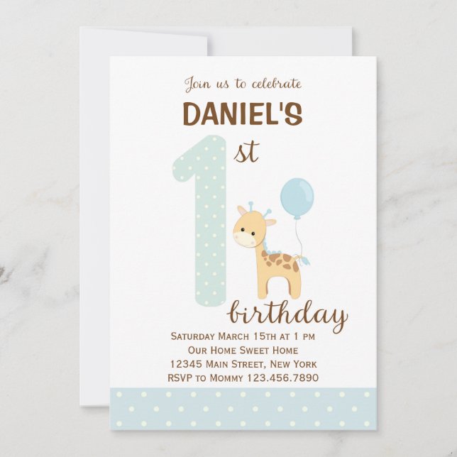 Giraffe First Birthday Invitation (Blue) (Front)