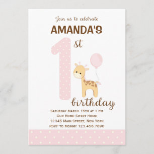 Giraffe First Birthday Invitation (Pink)