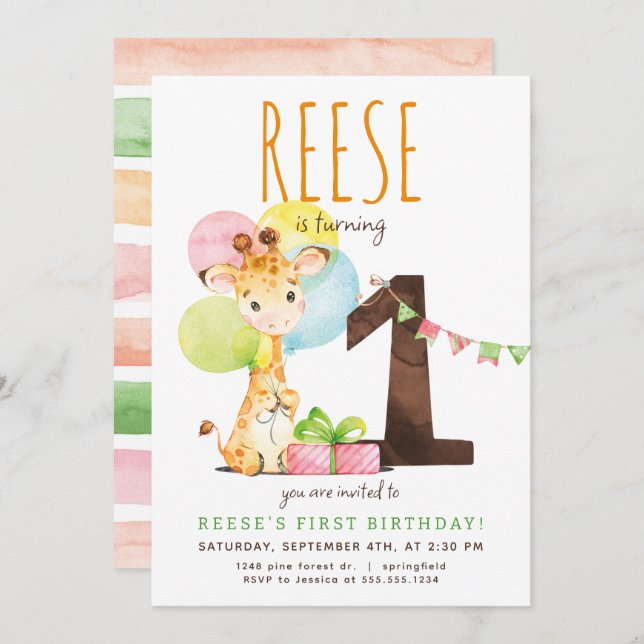 Giraffe First Birthday Party Invitation (Front/Back)