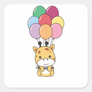 Giraffe Flies Up With Colourful Balloons Square Sticker