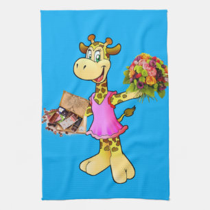 Giraffe Floral Blue Kitchen Hand Towel