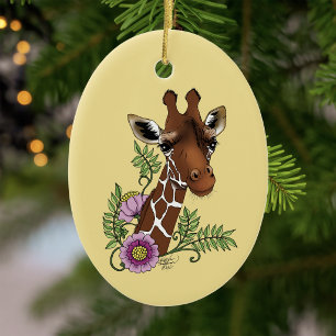 Giraffe Flowers Yellow Cute Wildlife Ceramic Ornament