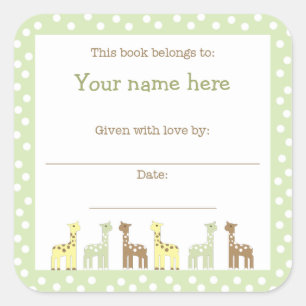 Giraffe Friends Baby Shower Book Plate Neutral Gen Square Sticker