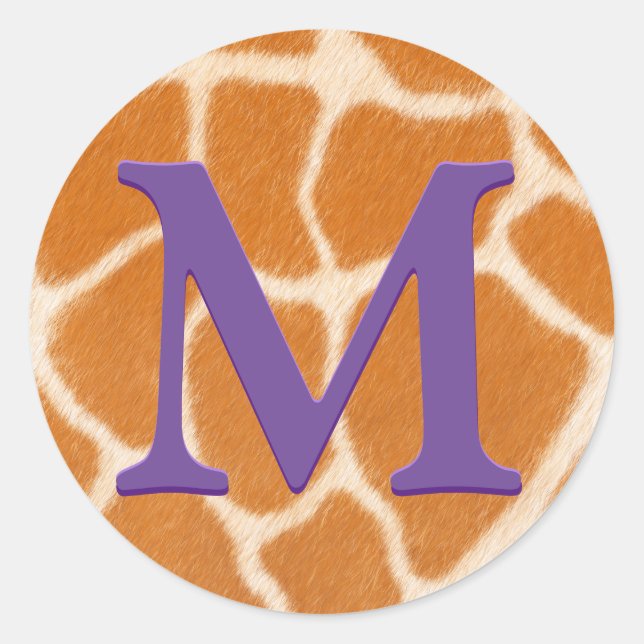 Giraffe Fur Animal Print Dark Purple Monogrammed Classic Round Sticker (Front)