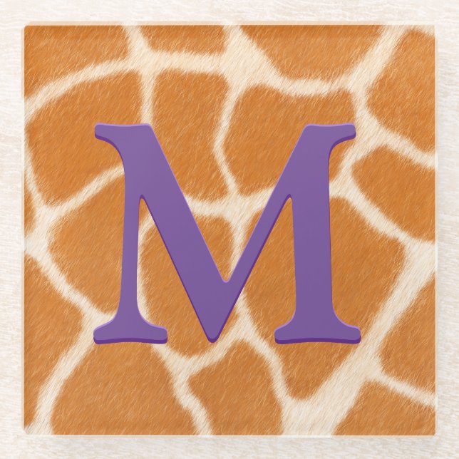Giraffe Fur Animal Print Dark Purple Monogrammed Glass Coaster (Front)