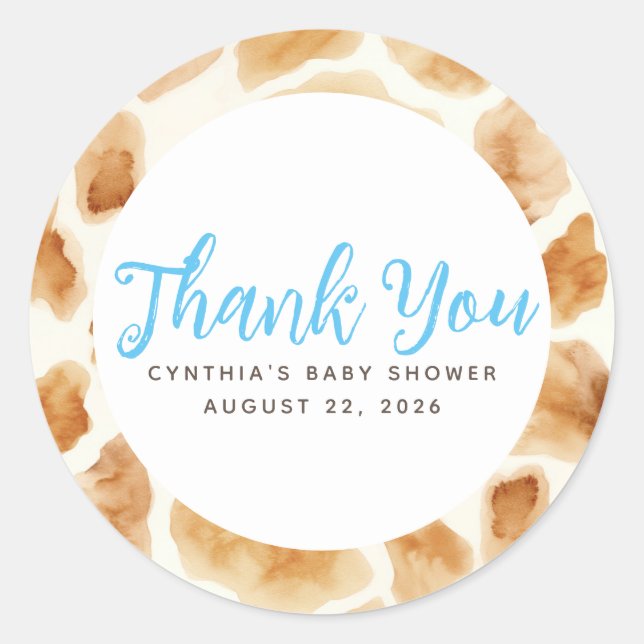Giraffe Fur Print Cute Brown Blue Thank You Classic Round Sticker (Front)