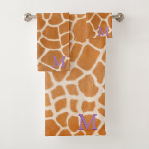 Giraffe Fur Realistic Animal Print Purple Monogram Bath Towel Set