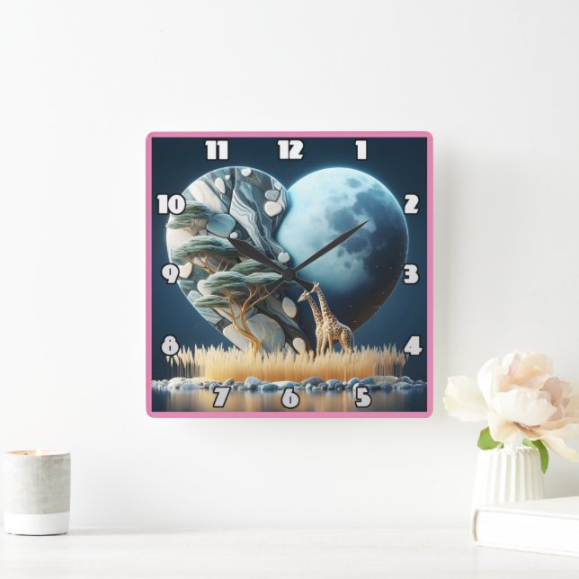 Giraffe gazes at the moonlit savanna in Africa Square Wall Clock (Home)