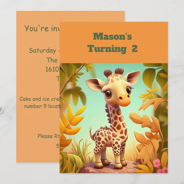 Giraffe Gender Neutral Birthday Party Invitations (Front/Back)