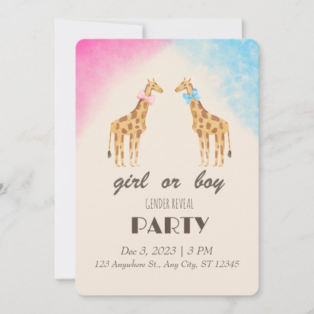 Giraffe Gender Reveal Party Girl or Boy Invitation (Front)