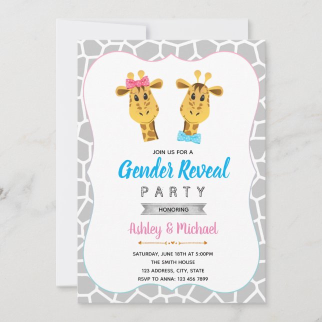 Giraffe gender reveal party invitation (Front)