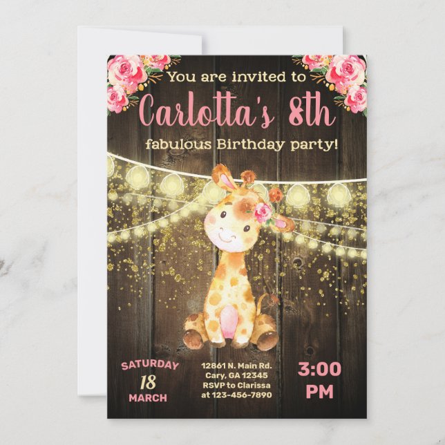 Giraffe girl birthday invitation, brown wood. invitation (Front)