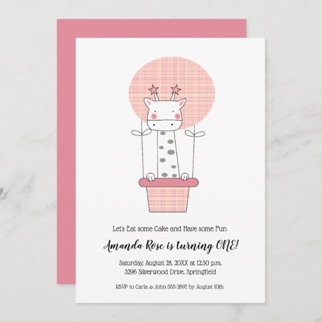 Giraffe Girl First Birthday Invitation (Front/Back)